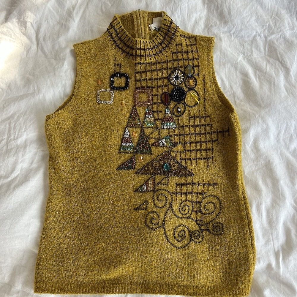 Vintage Y2K Chartreuse Beaded  Abstract Floral Knit Tank Top Fairycore Size L